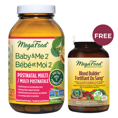 Bottles of MegaFood Baby & Me 2 Postnatal with FREE Blood Builder 120 + 72