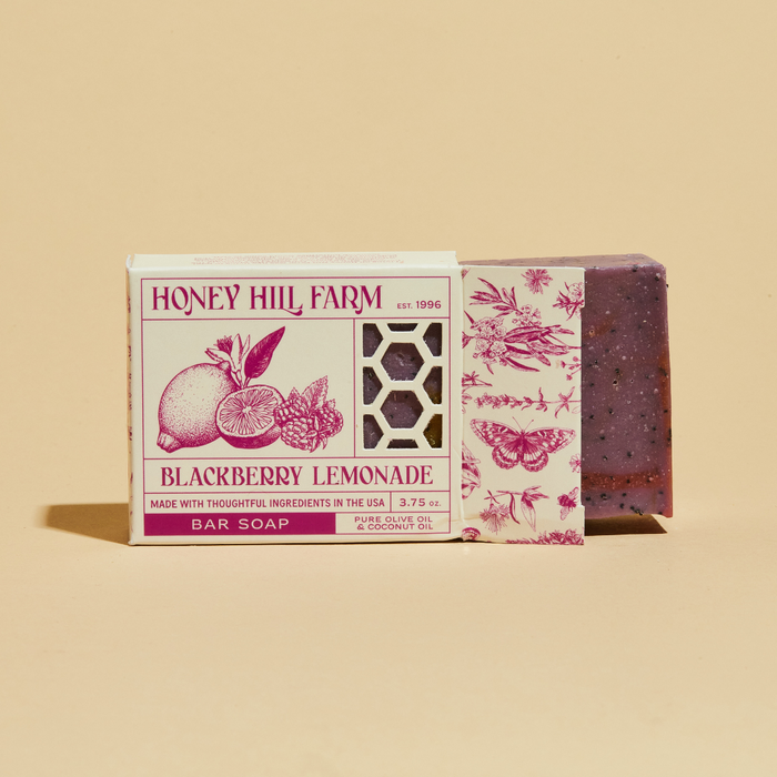 Honey Hill Farm Blackberry Lemonade bar soap with purple bar and berry-themed label box.