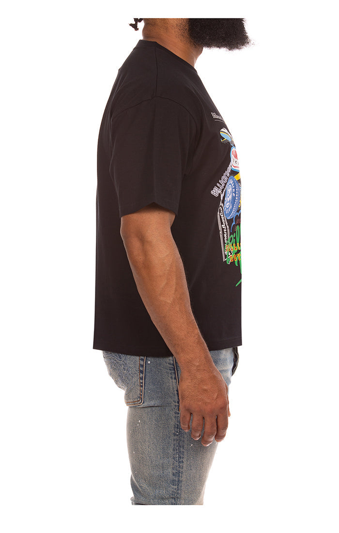 Billionaire Boy's Club black short-sleeve knit top with logo graphics and modern crop cut