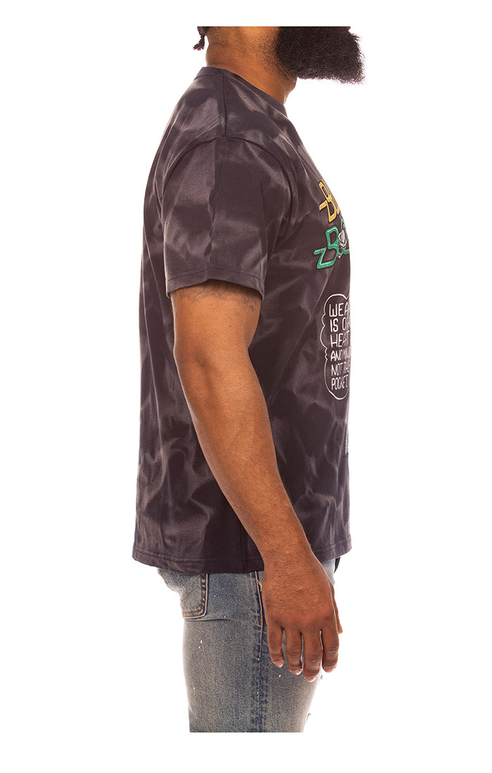 Side angle showing the fit and texture of the Black BB Chill SS Knit shirt by Billionaire Boy's Club