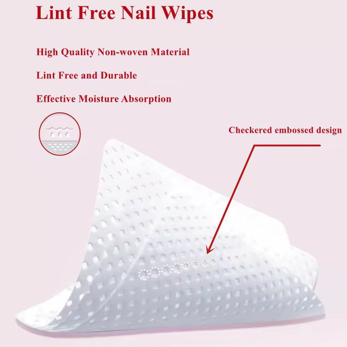 Lint free nail wipe with text on a pink background
