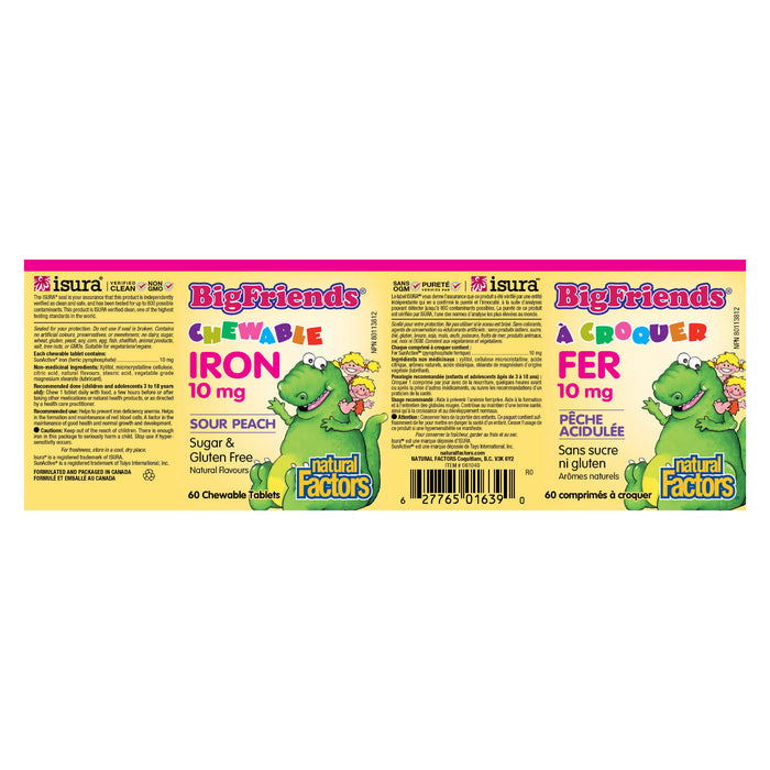 Natural Factors Big Friends Chewable Iron 10mg Sour Peach Label