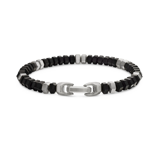 Black Agate Hexagonal Bead Bracelet with Stainless Steel Accents
