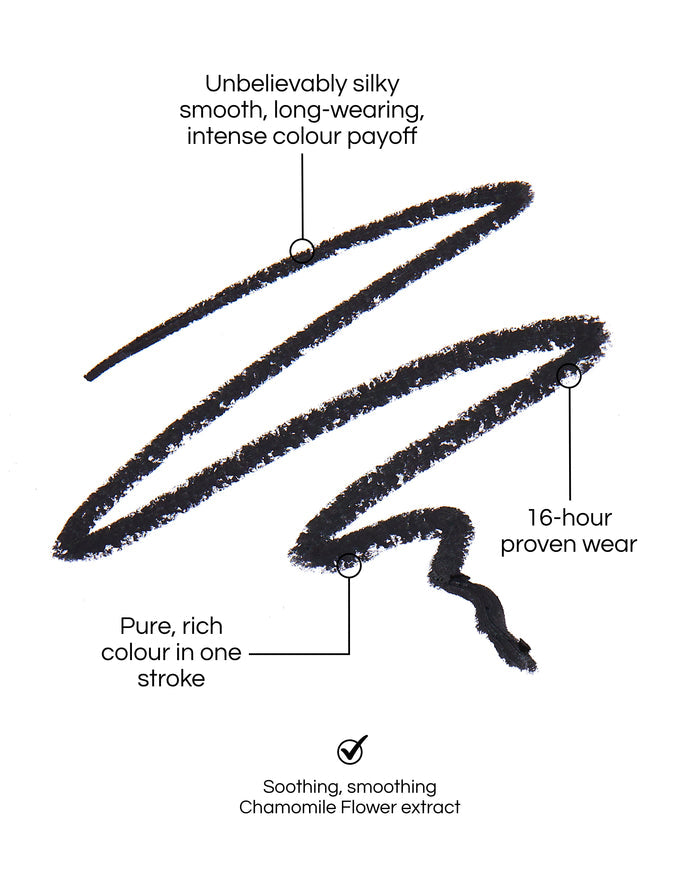 Seamless Glide Eye Pencil swatch, with text demonstrating the benefits: Unbelievably silky smooth, long-wearing, intense colour payoff. 16-hour proven wear. Pure-rich colour in one stroke. Soothing, smoothing Chamomile Flower Extract. In shade Black Treacle.
