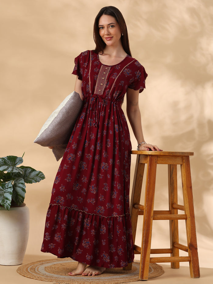 Blossom Maroon Alpine Designer Nighty for Women Relaxed Frock Style
