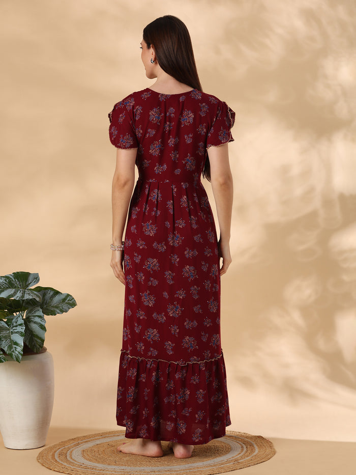 Blossom Maroon Alpine Designer Nighty for Women Relaxed Frock Style