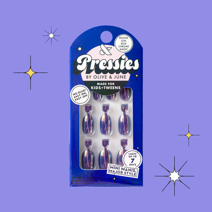 Blue Chrome Magic - Pressies | Short Medium | Round showing electric deep blue shimmery press on false nails for kids mani