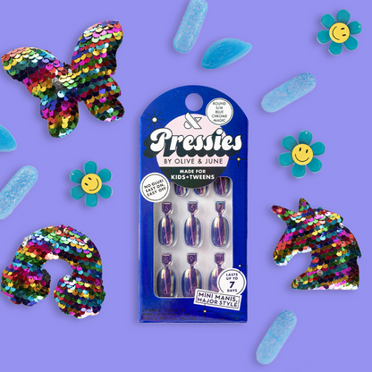 Blue Chrome Magic - Pressies | Short Medium | Round showing packaged deep blue chrome press on false nails for kids mani