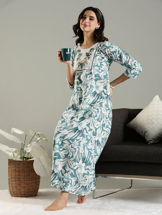 Blue Floral Cotton Nighty For Women with Phulkari Embroidery