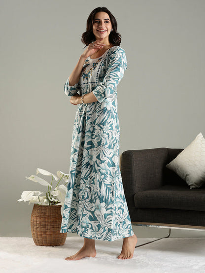 Blue Floral Cotton Nighty For Women with Phulkari Embroidery