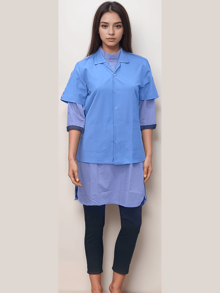 Blue Half Sleeve Apron for Industrial and Housekeeping Team - J R GARMENTS