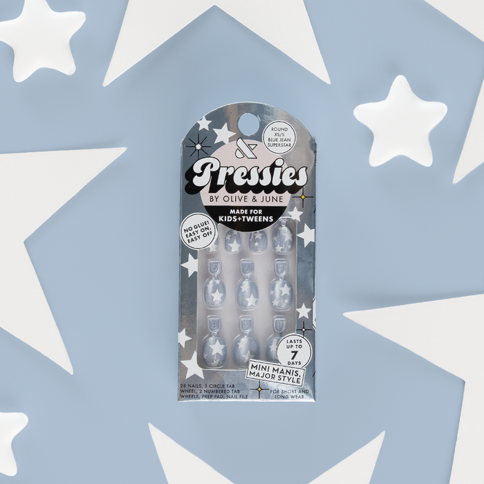 Blue Jean Superstar - Pressies | Extra Short Short | Round showing kids press on nails with white stars on shimmery denim blue background