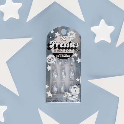 Blue Jean Superstar - Pressies | Extra Short Short | Round showing kids press on nails with white stars on shimmery denim blue background