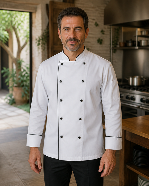 Bobbin Chefs Long Sleeve Jacket in white with black piping