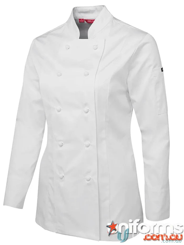 White ladies long sleeve chefs jacket with double-breasted design from JBs