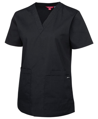 Jb’s ladies scrub black v-neck top with reinforced pocket openings