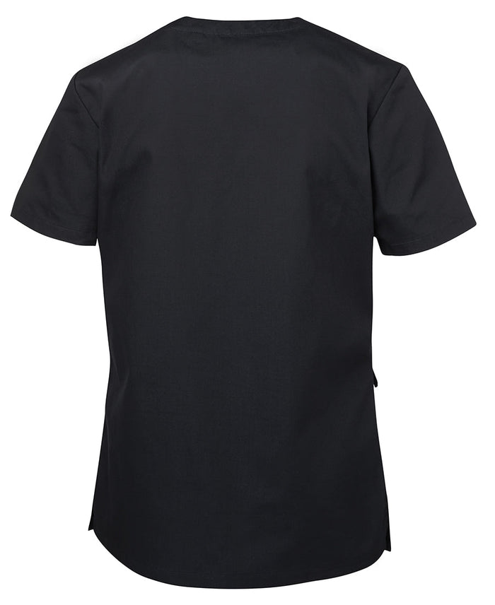 Jb’s ladies scrub top with black short sleeves, rounded neckline, set-in sleeves