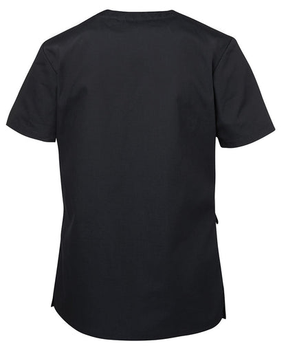 Jb’s ladies scrub top with black short sleeves, rounded neckline, set-in sleeves