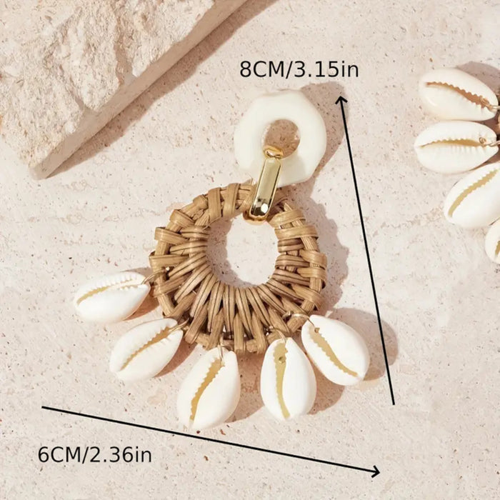 Bohemian Fashion Straw Weave Rattan Shell Drop Summer Beach Vacation Earrings