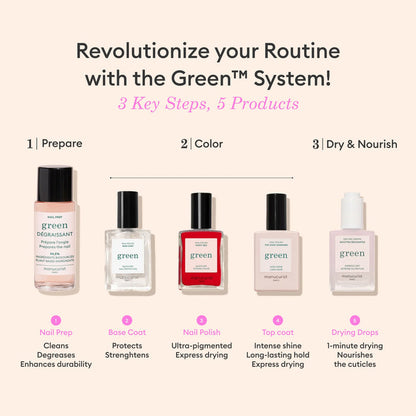 Discover Manucurist's Pink Sorbet Jelly, a translucent pink nail polish for the Green™ step-by-step routine: Prepare, Color, and Dry  Nourish. Achieve clean, healthy nails with an ultra-glossy syrup effect.