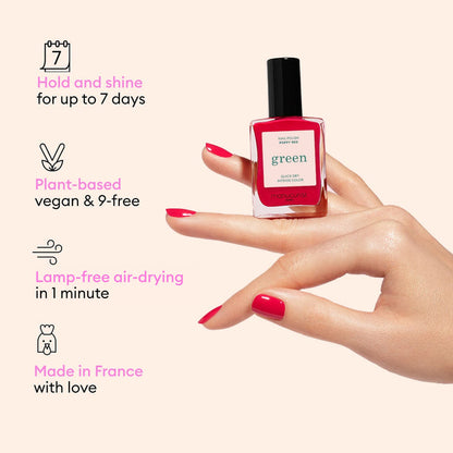 A hand with red nails holds a Manucurist Pink Sorbet Jelly polish—ultra-glossy, syrup effect, 7-day wear, plant-based, vegan, 9-free  air-dries in 1 min without a lamp. Made in France with love.