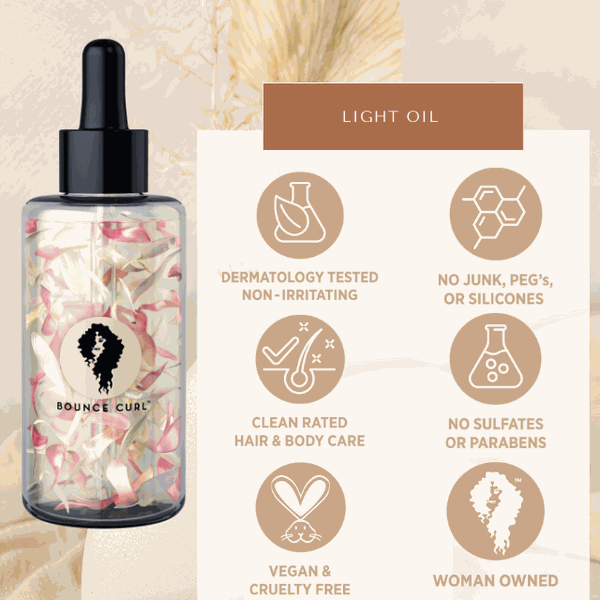 Bounce Curl Light Oil bottle with infused pink Helichrysum petals and natural organic oils for hair and skin nourishment