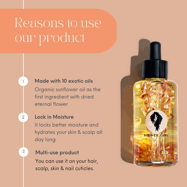 Bounce Curl Light Oil bottle with pink Helichrysum petals and natural organic oils for hair and skin nourishment