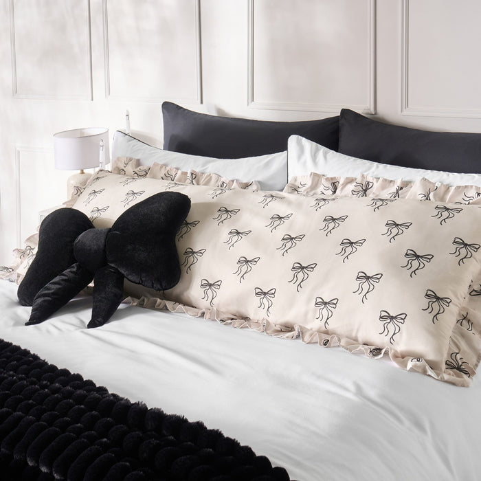 Bow Print Frill Edge Bolster Pillow - Monochrome 🇬🇧