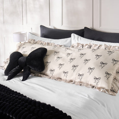 Bow Print Frill Edge Bolster Pillow - Monochrome 🇬🇧
