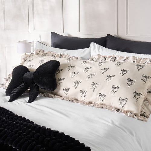 Bow Print Frill Edge Bolster Pillow - Monochrome 🇬🇧