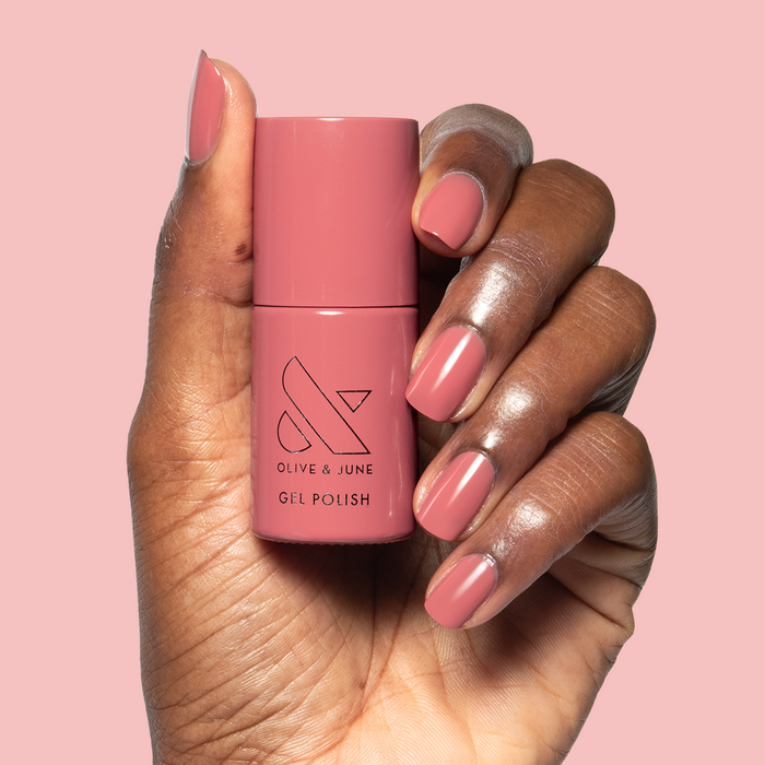 Boysenberry Glass - Gel polish on medium natural nails matching the sheer berry jelly polish bottle by Olive and June