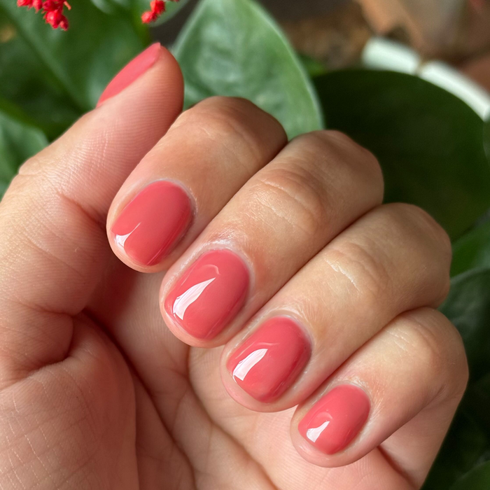 Boysenberry Glass - Gel on short natural nails in a glossy sheer berry jelly shade for a long-lasting manicure