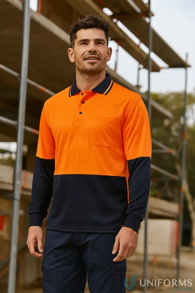 JBs 6HJNL Breathable HiVis Jacquard LS Polo in Fluoro Orange/Navy