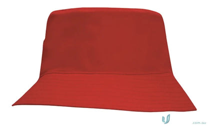 Red bucket hat for kids, perfect for uniforms or workwear, see FAQ link for details