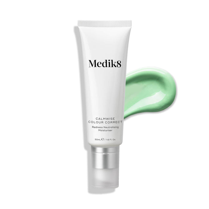 A tube of Calmwise Colour Correct stands upright, with a swatch of the product texture next to it.