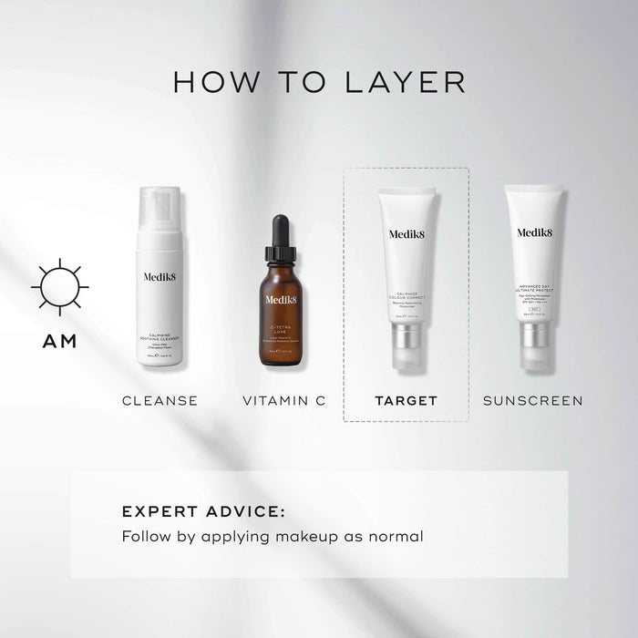 A HOW TO LAYER diagram for an AM skincare routine. It includes Cleanse (Calmwise Soothing Cleanser), Vitamin C (C-Tetra Luxe), Target (Calmwise Colour Correct), and Sunscreen (Advanced Day Ultimate Protect).