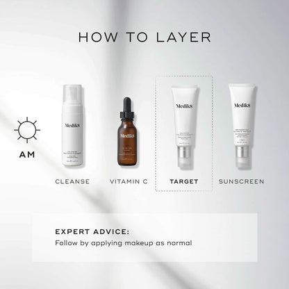 A HOW TO LAYER diagram for an AM skincare routine. It includes Cleanse (Calmwise Soothing Cleanser), Vitamin C (C-Tetra Luxe), Target (Calmwise Colour Correct), and Sunscreen (Advanced Day Ultimate Protect).
