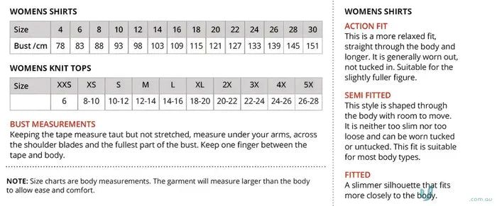 Clothing size charts and fit tips for Cascade Top knit and woven uniforms quick guide