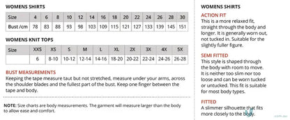Clothing size charts and fit tips for Cascade Top knit and woven uniforms quick guide