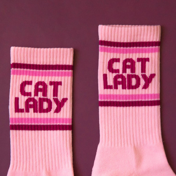 Sunshine Studios cat lady striped ribbed crew socks with colorful pattern and cozy knit fabric, perfect for casual wear.