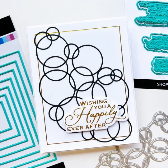 Catherine Pooler - Die - Bubblin'.  Your cards and projects will be bubblin' over with fun when you add the Bubblin' Die. This die of connected bubbles will add a fun element to your card background and could also be used to create a stenciled effect. Available at Embellish Away located in Bowmanville Ontario Canada. Example by brand ambassador.