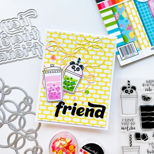 Catherine Pooler - Die - Bubblin'.  Your cards and projects will be bubblin' over with fun when you add the Bubblin' Die. This die of connected bubbles will add a fun element to your card background and could also be used to create a stenciled effect. Available at Embellish Away located in Bowmanville Ontario Canada. Example by brand ambassador.