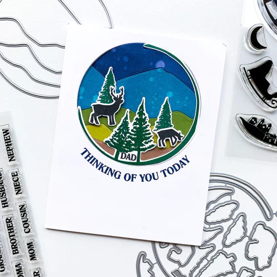 Catherine Pooler - Die - Circle Landscape. Take your scene building up a level with the Circle Landscape Die by adding a backdrop of mountains or water. Or just to add some fun pops of colour. Available at Embellish Away located in Bowmanville Ontario Canada. Example by brand ambassador.