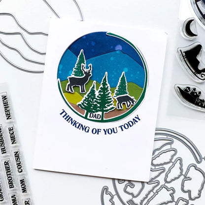 Catherine Pooler - Die - Circle Landscape. Take your scene building up a level with the Circle Landscape Die by adding a backdrop of mountains or water. Or just to add some fun pops of colour. Available at Embellish Away located in Bowmanville Ontario Canada. Example by brand ambassador.