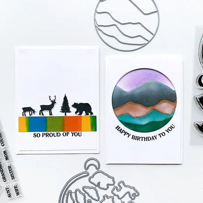 Catherine Pooler - Die - Circle Landscape. Take your scene building up a level with the Circle Landscape Die by adding a backdrop of mountains or water. Or just to add some fun pops of colour. Available at Embellish Away located in Bowmanville Ontario Canada. Example by brand ambassador.