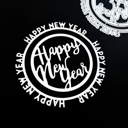 Catherine Pooler - Die - Round of New Year. Add a New Year's greeting with the Round of New Year Dies. This pair of circle word dies can be used together or separately. Layer them with the Circle Dies for festive shaker options. Available at Embellish Away located in Bowmanville Ontario Canada. Example by brand ambassador.