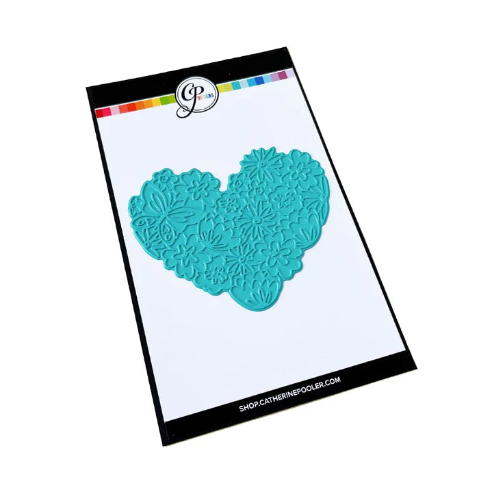 Catherine Pooler - Hot Foil Plate - Hearts Aflutter. Foil a beautiful statement piece with the Hearts Aflutter Foil Plate. This floral heart features a butterfly and is a large image to fill your card front. Available at Embellish Away located in Bowmanville Ontario Canada.