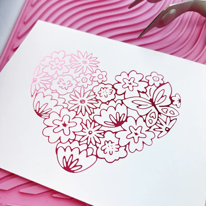Catherine Pooler - Hot Foil Plate - Hearts Aflutter. Foil a beautiful statement piece with the Hearts Aflutter Foil Plate. This floral heart features a butterfly and is a large image to fill your card front. Available at Embellish Away located in Bowmanville Ontario Canada. Example by brand ambassador.
