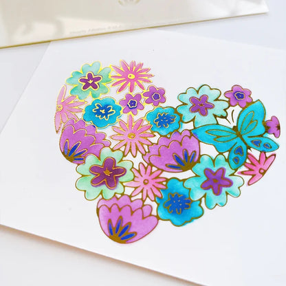 Catherine Pooler - Hot Foil Plate - Hearts Aflutter. Foil a beautiful statement piece with the Hearts Aflutter Foil Plate. This floral heart features a butterfly and is a large image to fill your card front. Available at Embellish Away located in Bowmanville Ontario Canada. Example by brand ambassador.