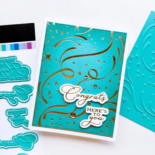 Catherine Pooler - Hot Foil Plate - Hooray for Confetti. Grab some glimmery foil and create a festive background that will sparkle and shine. Perfect for any festive occasion from New Year to Birthdays & more. Available at Embellish Away located in Bowmanville Ontario Canada. Example by brand ambassador.